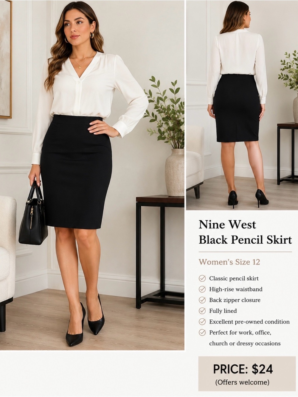 Nine West Black Pencil Skirt Women’s Size 12 Classic Career Office